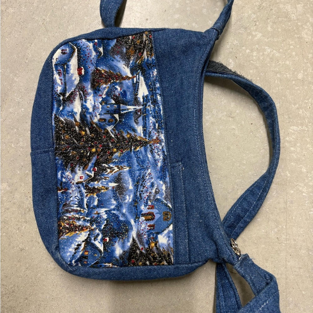 Blue Denim Shoulder Bag with Winter Scene
